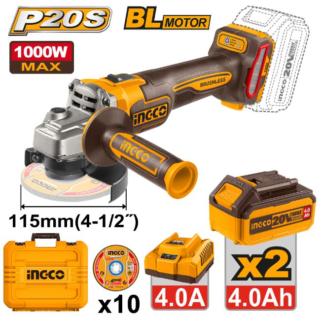 INGCO 20V PS+ C/L B/L ANGLE GRINDER 1000W BMC KIT 2BAT