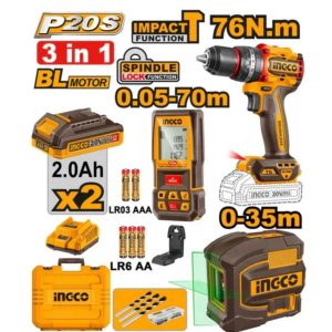 INGCO 20V 3-IN-1 COMBO (B/L IMPACT DRILL + SELF -LEVELING LASER + 2 x 2.0Ah BATT
