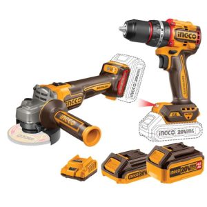 INGCO 20V COMBO KIT 1200W GRINDER - 66NM I/DRILL INCL. 2 X 4.0AH CHARGER + ACC