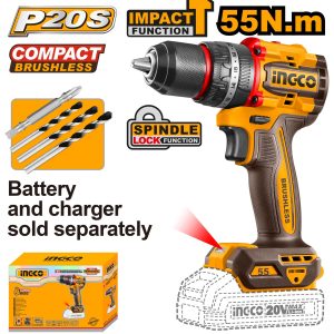 INGCO 20V PS+ C/L DRILL B/LESS 55NM IMP + ACC