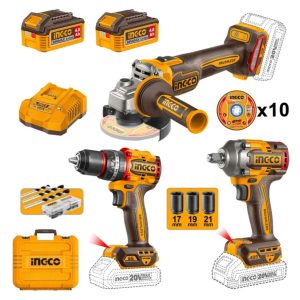 INGCO 20V CORDLESS KIT ANGLE GRINDER 115MM - IMP DRILL - IMP WRENCH WITH 2X4A.H