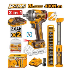 INGCO 20V COMBO I/WRENCH 405NM - WORK LAMP 300W-10PC I/SOCKETS & BIT SET- 2 X2A.