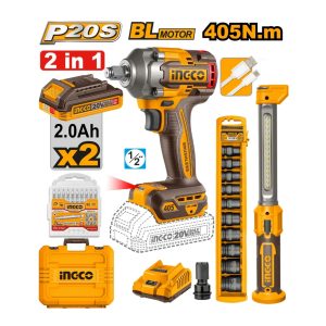 INGCO 20V IMP WRENCH - LAMP 405NM KIT INCL 2x2A.H BATT & CHARG KIT